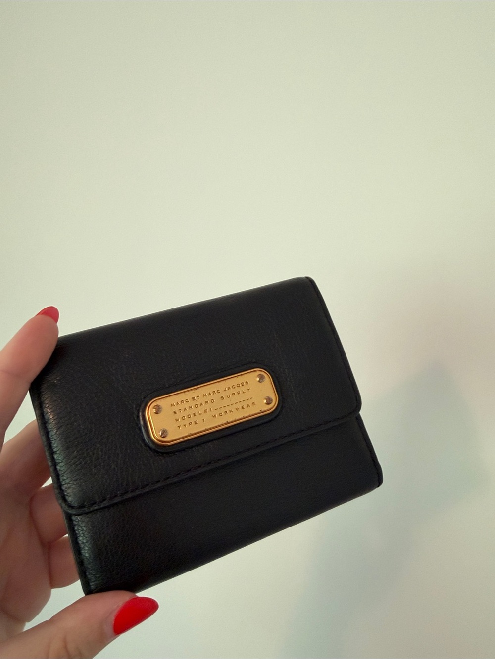 Marc Jacobs Black Leather Compact Wallet with Gold Plaque